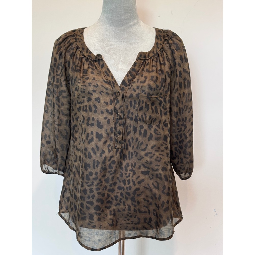 LOFT Womens Small Brown Leopard Print 3/4 Sleeve Chiffon Blouse Split Neck Top